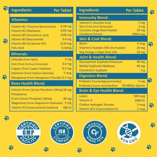 CF Pets Chewable Multivitamin Tablets for Dogs with 23 Essential Vitamins & Minerals for Healthy Skin, Heart, Brain, Digestive System & Joint Function | Chicken Flavour - 120 Tablets