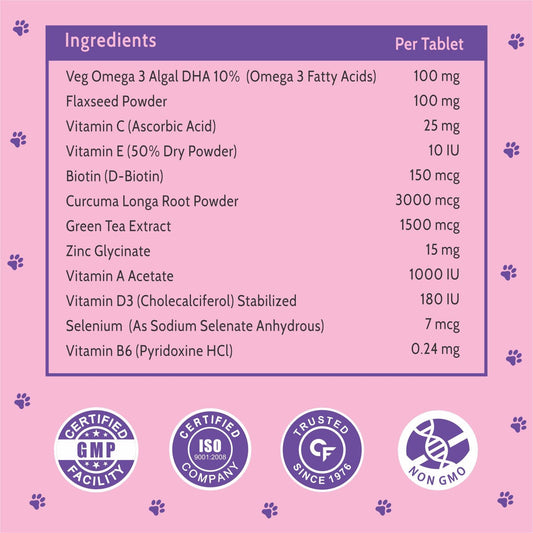 CF Pets Skin and Coat Tablets for Dogs & Cats with Veg Omega 3 Algal DHA, Biotin and Vitamin C for Skin Health & Shiny Coat | Chicken Flavour - 120 Tablets