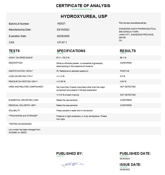 Hydroxyurea USP For Compounding (API)