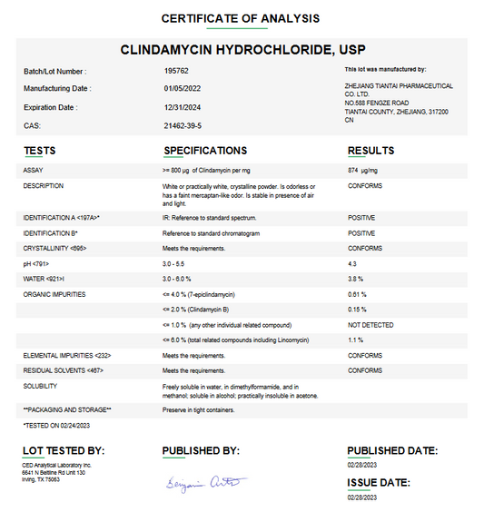 Clindamycin Hydrochloride USP For Compounding (API)
