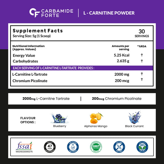 Carbamide Forte L Carnitine Powder for Men & Women | L-Carnitine L Tartrate 2000mg Supplement For Women & Men | L Carnitine Powder Pre Workout, Intra Workout & Post Workout Supplement | L Carnitine Supplement Blueberry Flavour - 150g