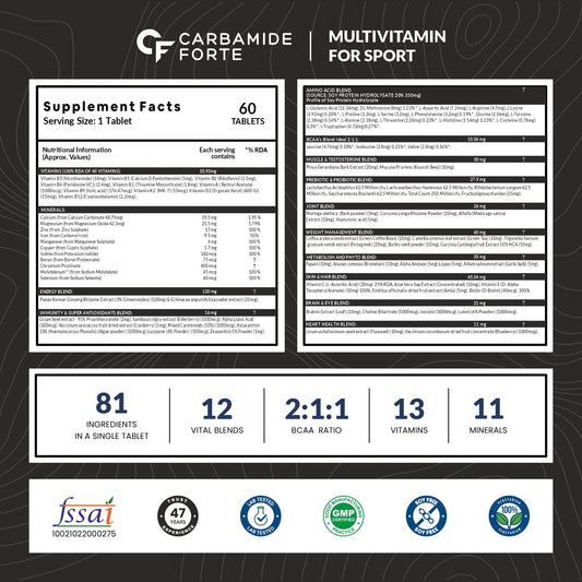 Carbamide Forte Multivitamin Tablet for Men & women | Multi Vitamin for Men Gym & sports | Multivitamins for Energy & Fitness | Multivitamin for Men gym with BCAA, Amino Acids, Probiotics & Antioxidants - 81 Ingredients - 60 Tablets