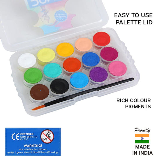 Doms Non-Toxic 15Mm Water Colour Cake Set With Paint Brush And Plastic Case - 15 Assorted Shades