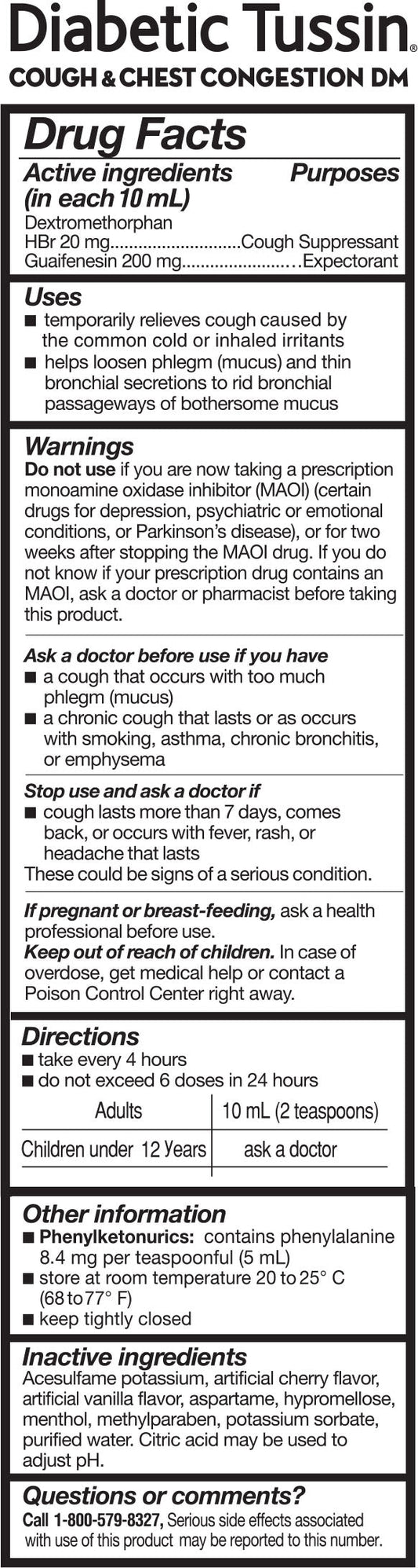 Diabetic Tussin Cough and Chest Congestion Relief Liquid Cough Syrup, Sugar Free, 4 oz