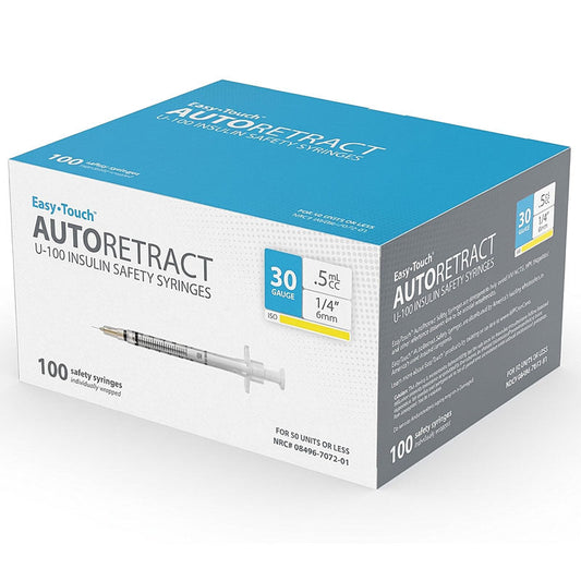 EasyTouch Retractable Insulin Syringes 30 Gauge, Safety 0.5ml and 1 ml, 100/Box