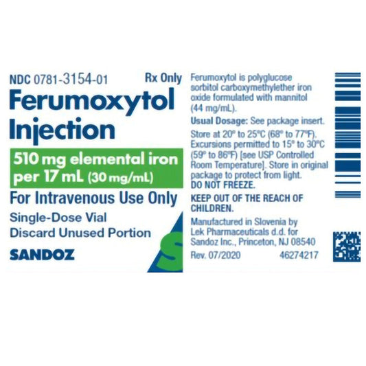 Ferumoxytol Injection Iron Replacement 510 mg Single-Dose Vial 17 mL (RX)