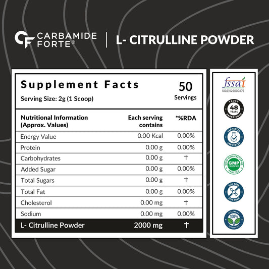 Carbamide Forte L Citrulline Powder 2000mg | pre workout Supplement for men & Women | L Citrulline Malate Powder | 2000mg 50 Unflavored Servings