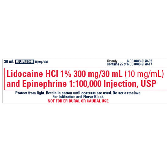 Lidocaine 1% with Epinephrine 1% 1:100,000 Inj 30 mL Multiple Dose, 25/Pack (Rx) Exp : August 2026