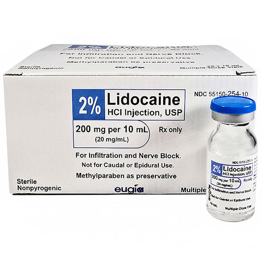Lidocaine 2% HCL for Injection 10 mL Mutli Dose Vials, 25 Pack (Rx)
