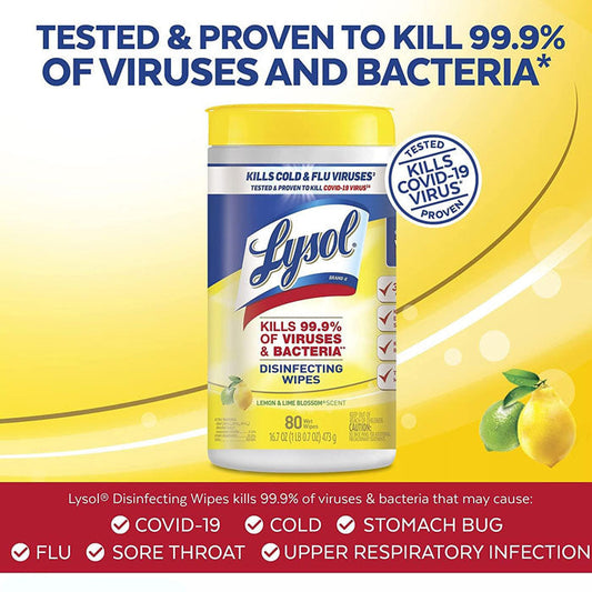 Lysol Disinfecting Surface Wipes with Lemon & Lime Blossom Scent, 80 Count