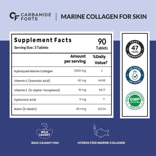 Carbamide Forte Hydrolyzed Marine Collagen Supplements for Women & Men | 3000mg Marine Collagen Tablets for Women & Men | 90 Collagen Tablets