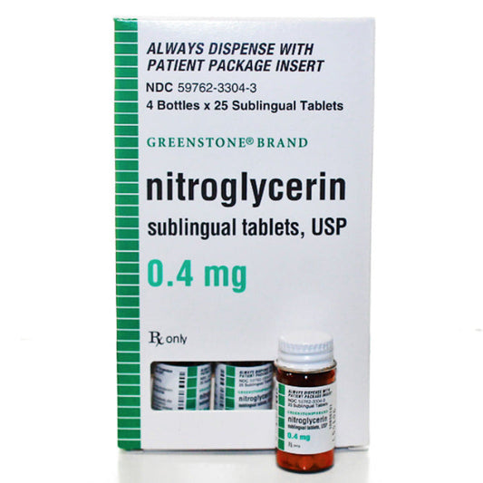 Nitroglycerin Sublingual Tablets 0.4 mg, 4 Bottles x 25/Bottle 100 Count (Rx)