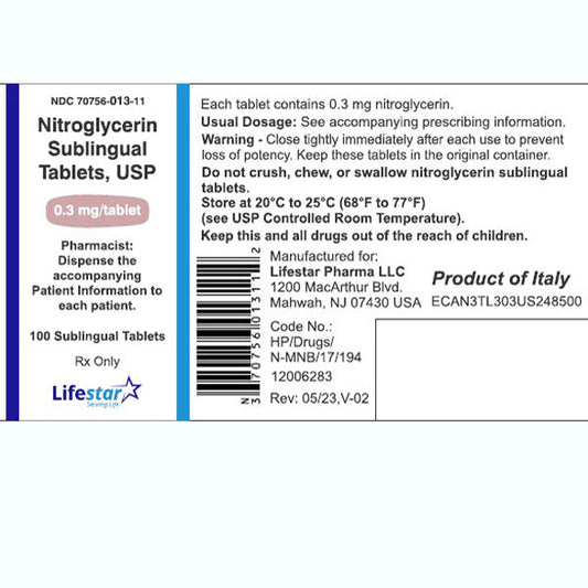 Nitroglycerin Sublingual Tablets 0.3 mg by Lifestar Pharma 100/Bottle (RX)