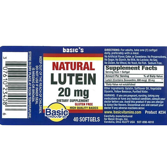 Natural Lutein 20 mg Softgels, 40 Count