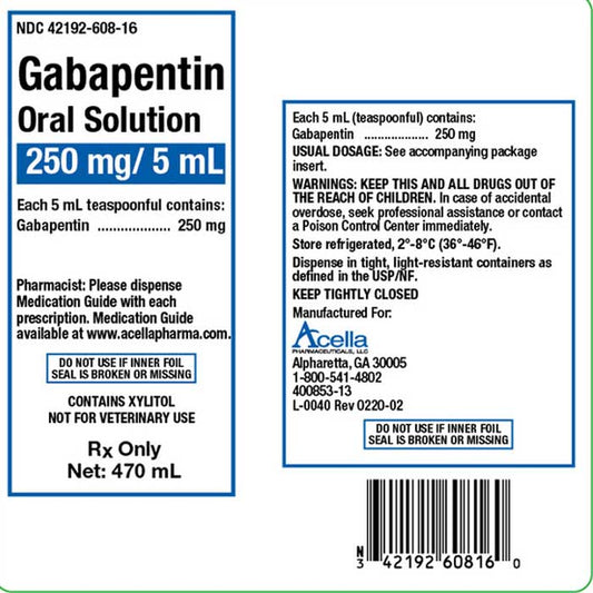 Gabapentin Oral Solution 250mg/5 mL Acella 470 mL (Rx)