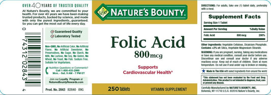 Folic Acid 800mcg Tablets by Natures Bounty