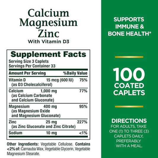 Calcium Magnesium Zinc with Vitamin D3 Tablets by Nature's Bounty 100 Count