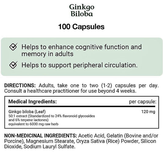 Ginkgo Biloba 120mg For Enhanced Cognitive Function and Memory Health 100 Capsules