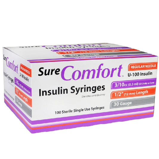 Insulin Syringes 30 g x 1/2", 0.3 mL, Sterile by Sure Comfort 100/Box