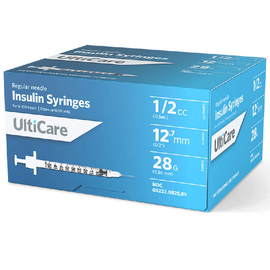 Insulin Syringes 28 gauge x 1/2"(12.7 mm) 0.5 mL Regular Needle by Ulticare 100/Box