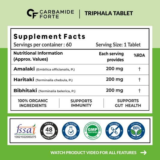 Carbamide Forte Organic Triphala Powder Tablets | 100% Natural 600mg Triphala Churna Powder Organic Tablets support Healthy Digestion, Improve Gut Health & Relieve Constipation | 60 Tablets