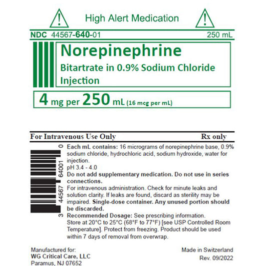 IV Bags, WGCC Norepinephrine Bitartrate in 0.9% Sodium Chloride 4 mg 250 mL x 10/Case (RX)