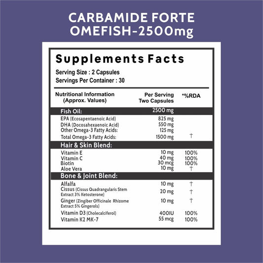 Carbamide Forte Fish Oil 2500mg- 60 Capsules| (Omega 3 1500mg; 900 mg EPA and 600mg DHA Per Serving) Capsule For Men & Women with Biotin, Vitamin D, Vitamin K2-MK7