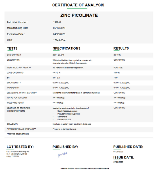 Zinc Picolinate For Compounding (API) (Rx)