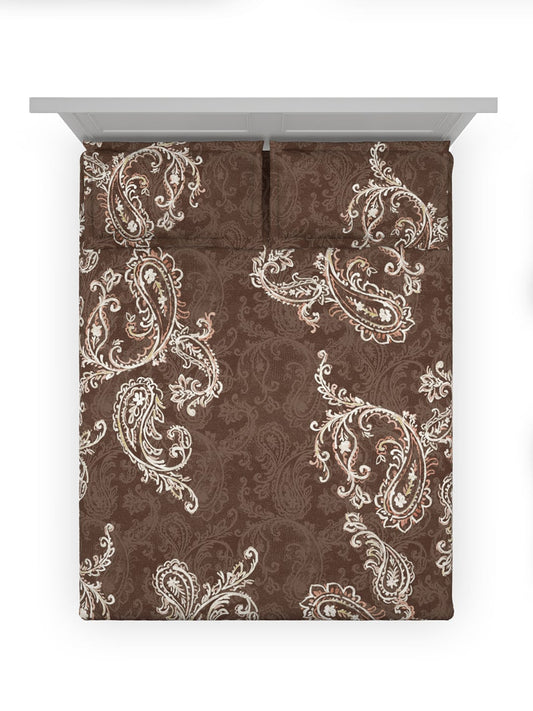 DDecor Brown & White Ethnic Motifs Cotton 140 TC King Bedsheet With 2 Pillow Covers