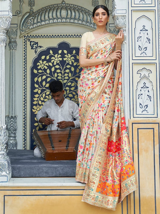 Cream-Coloured & Red Floral Silk Blend Saree