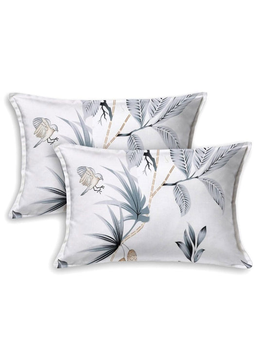 haus & kinder White & Grey Floral 186 TC Pure Cotton King Bedsheet & 2 Pillow Covers