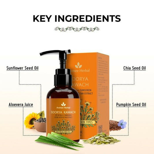 Avimee Herbal Soorya Kawach SPF 50 PA++++ De-Tan Sunscreen Lotion