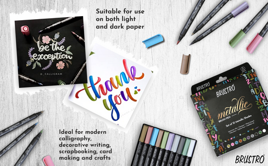 BRUSTRO Metallic Brush Pens Set of 10 Colors with Black Paper A5