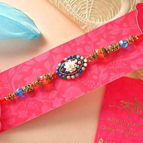 Floral Blue Beads Rakhi & Coffee Biscotti Hamper Combo