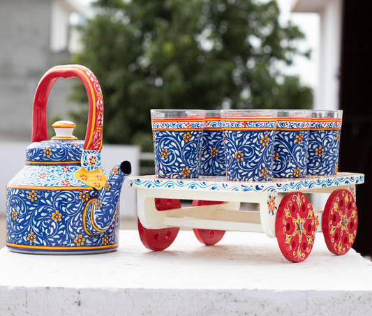 Hand painted Tea set with tea trolley Multi design