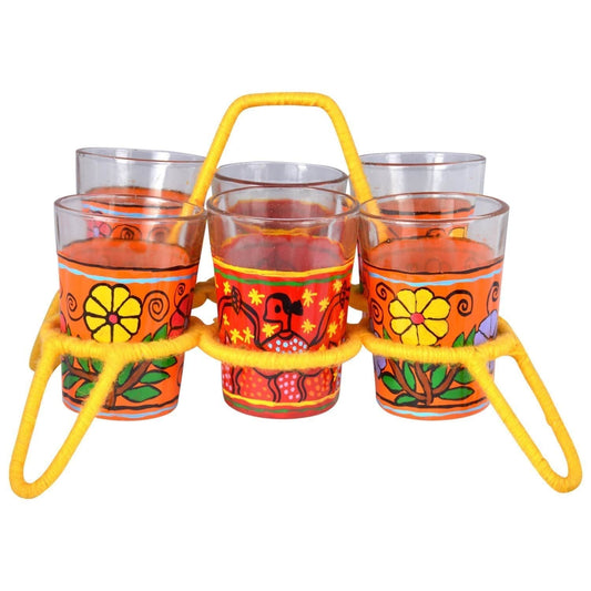 Hand Painted tea glass set of six with stand ; "Chikha with glasses" : Madhbuni