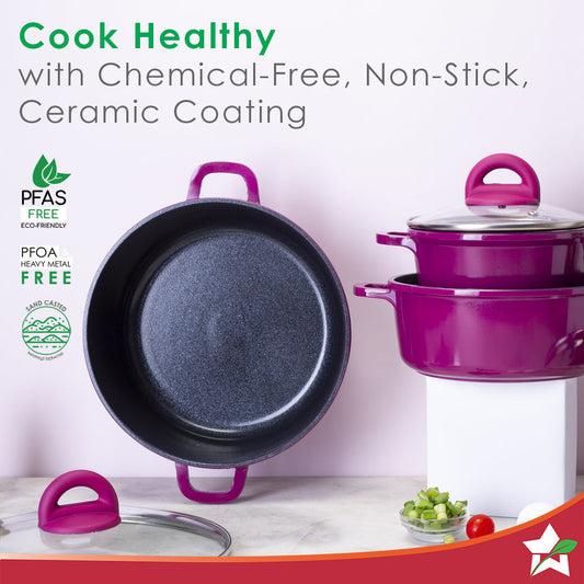 Ceramide Non-stick Casserole Set, 6Pc (1.2L, 2.3L, 3.9L), Induction Bottom, Soft Touch Handle, Pure Grade Aluminium, PFOA/Heavy Metals Free, 2.2mm, Pink, 2 Years Warranty