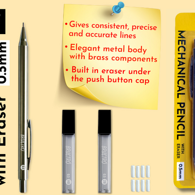 BRUSTRO Mechanical Pencil Set | HB-20 leads, 2B-20 leads, Spare eraser- 8 units|Tip size- 0.5 mm |Ideal for Students,Adults, Home,School,Office,Stationery Use |Writing, Sketching, Drawing, Mandala Art