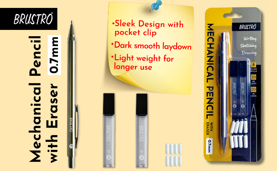 BRUSTRO Mechanical Pencil Set | HB-20 leads, 2B-20 leads,Spare eraser 8 units|Tip size 0.7 mm | Ideal for Students,Adults, Home, School, Office, Stationery Use |Writing, Sketching, Drawing,Mandala Art