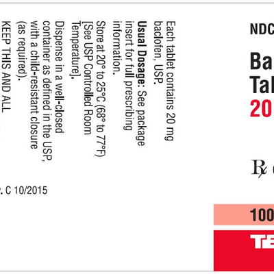 Baclofen Tablets 20 mg by Teva 100 Count (Rx)