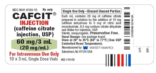 Cafcit Caffeine Citrate for Injection 60 mg/ 3mL (20 mg/mL) Single-Dose Vial 3 mL x 10/Box (RX)