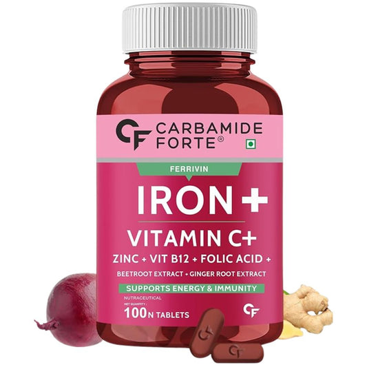 Carbamide Forte Iron Supplement for Women & Men | Folic Acid Tablets with Vitamin C, B12, Zinc | 100 Veg Iron Tablets for Women & Men