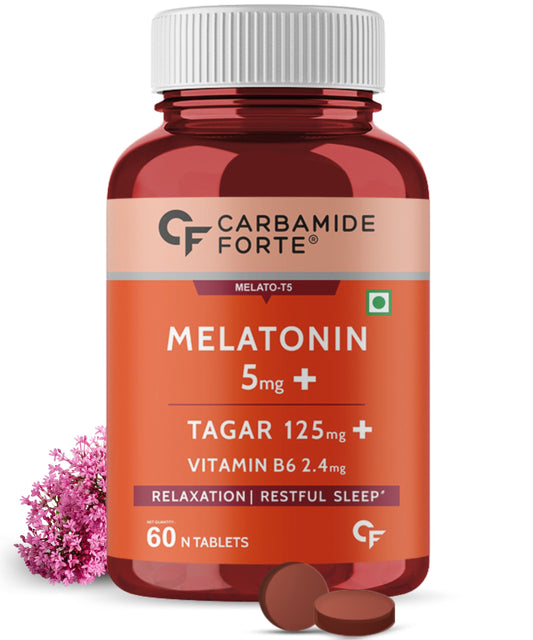 Carbamide Forte Melatonin 5mg Sleep Tablets – Sleeping Pills with 125mg Tagar & Vitamin B6 for Deep Sleep, Restful Nights, and Effective Sleep Dose | Sleeping Tablets for Women & Men – 60 Veg Tablets
