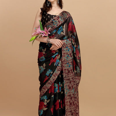 Black & Red Floral Printed Saree