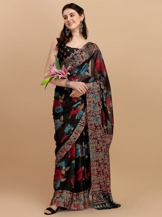 Black & Red Floral Printed Saree