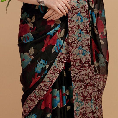 Black & Red Floral Printed Saree