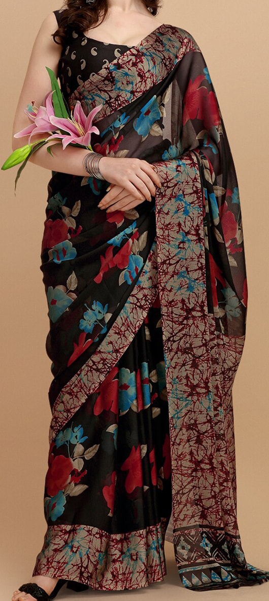 Black & Red Floral Printed Saree