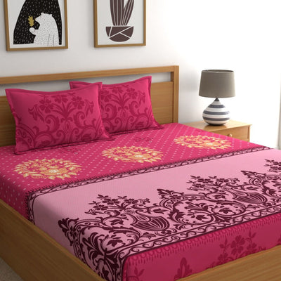 Dreamscape Pink & Beige Ethnic Motifs 144 TC Bedsheet with Pillow Covers