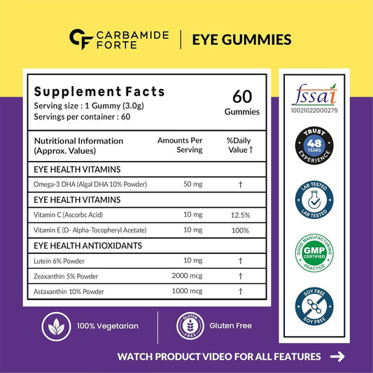 Carbamide Forte Eye Gummies - Lutein and Zeaxanthin Supplements with Astaxanthin, Veg DHA and Vitamin C | Eye Supplements to Improve Vision - Cranberry Flavour - 60 Veg Eye Gummies