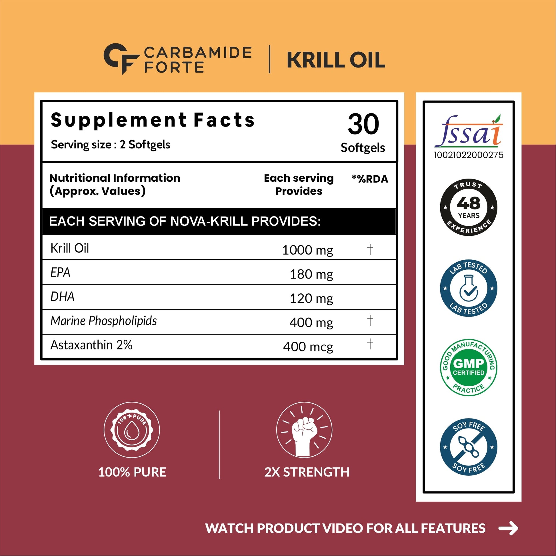 Carbamide Forte Antarctic Krill Oil 1000mg with Marine Phospholipids & 2% Astaxanthin | 100% Pure Krill Oil Omega 3 300mg Capsules for Heart, Brain, Joint, Eye & Skin Health - 30 Softgels